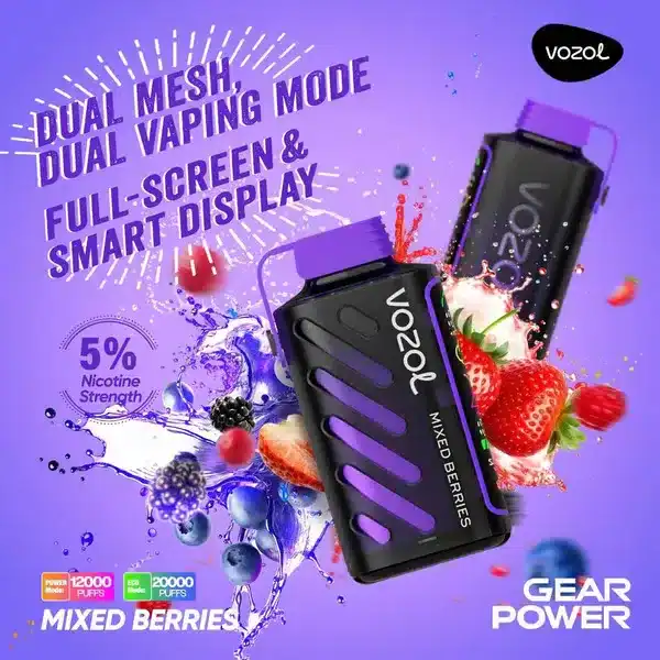 vozol gear power 20000 puffs กลิ่นผลไม้เบอร์รี่หลากชนิด หอมหวานเปรี้ยวโดดเด่นในคำเดียว