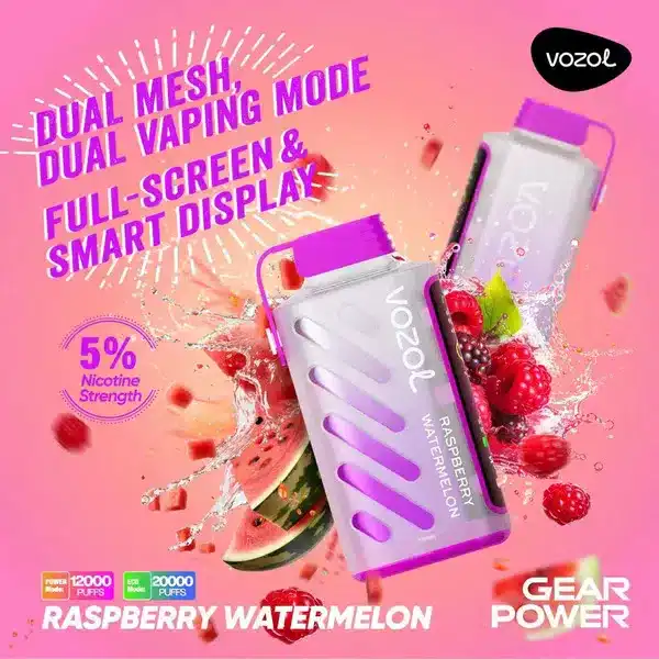 vozol gear power 20000 puffs กลิ่นราสเบอร์รี่และแตงโม ผสานรสชาติหวานอมเปรี้ยวชวนสดชื่น