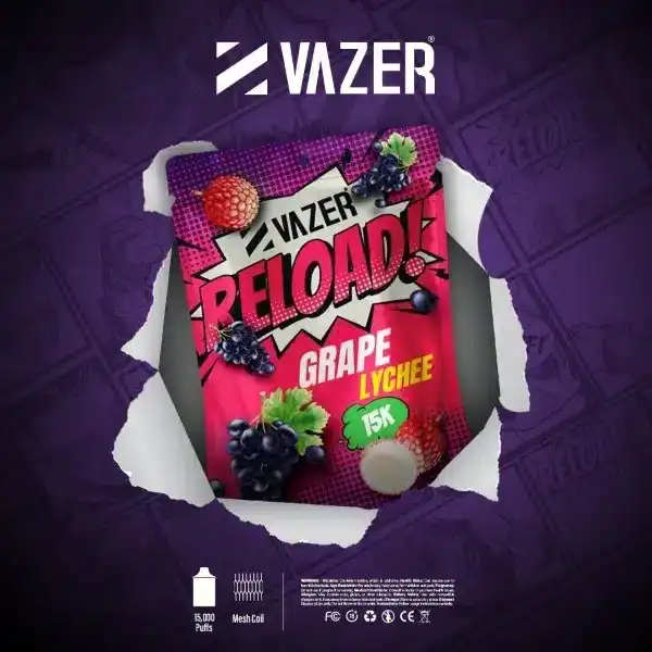 vazer reload 15k กลิ่นผสานองุ่นเข้มกับลิ้นจี่ฉ่ำหวาน หอมสดใส